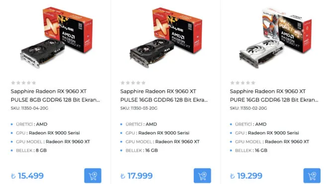 AMD Radeon RX 9060 XT ekran kartı Türkiye’de 15 bin 500 TL başlangıç fiyatıyla satışa sunuldu