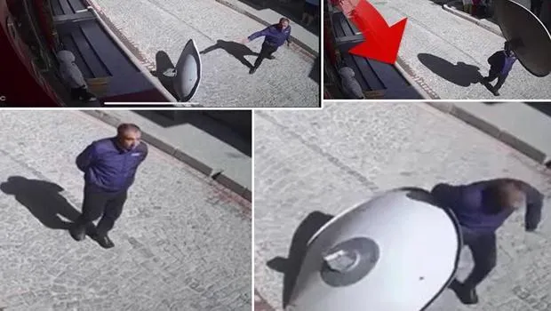 İnanılmaz anlar! Sokakta yürürken üzerine çanak anten düştü